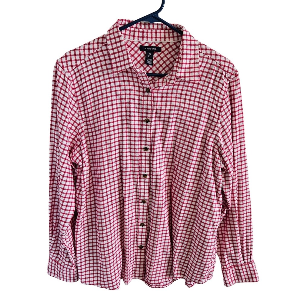 Lands End Woman Size 16 Flannel Red & White Checked Shirt Western Cozy Button Up